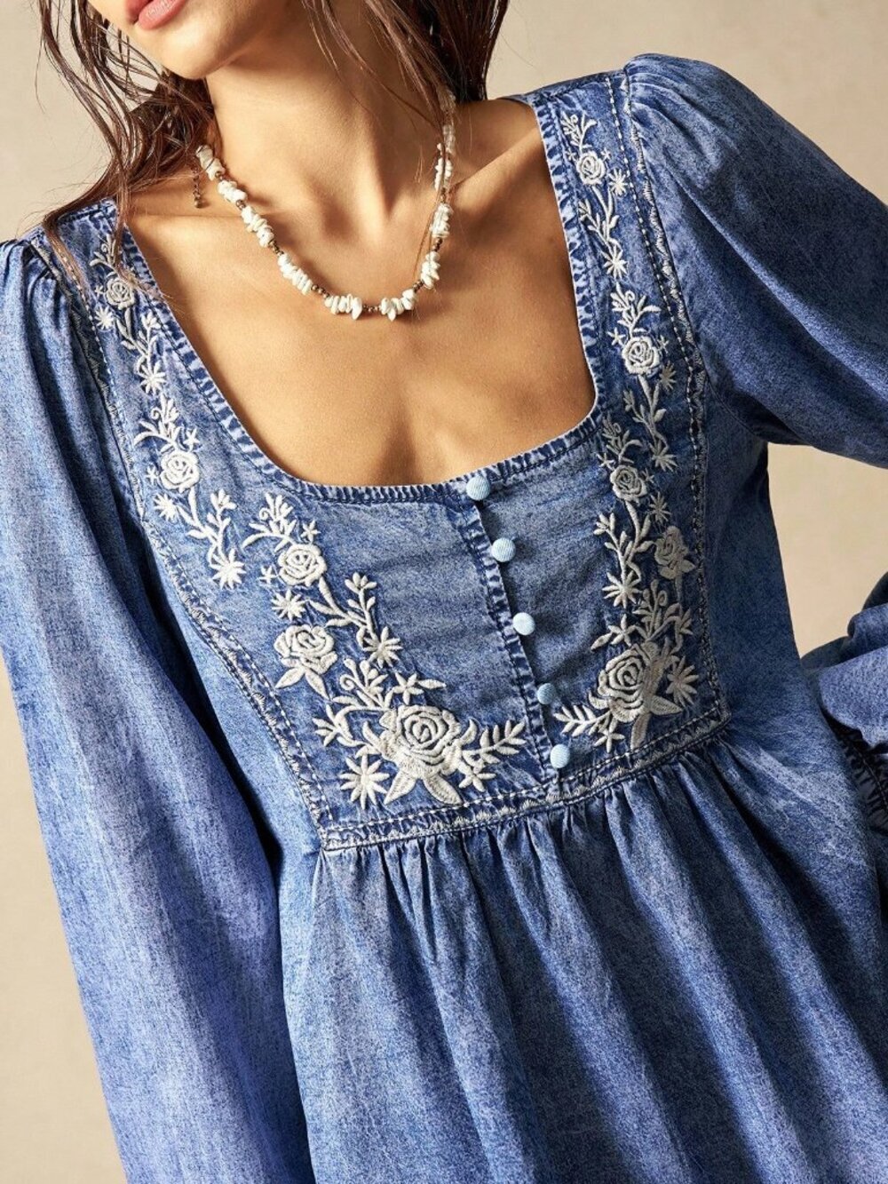 Blue Boho Women's Casual Woven Denim Loose Long Sleeve Shirt